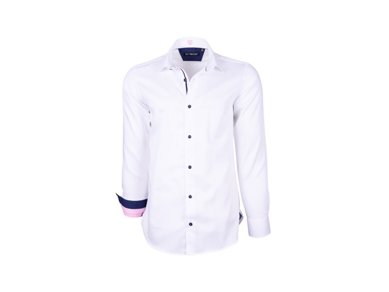 Chemise blanche à revers bleu marine et rose