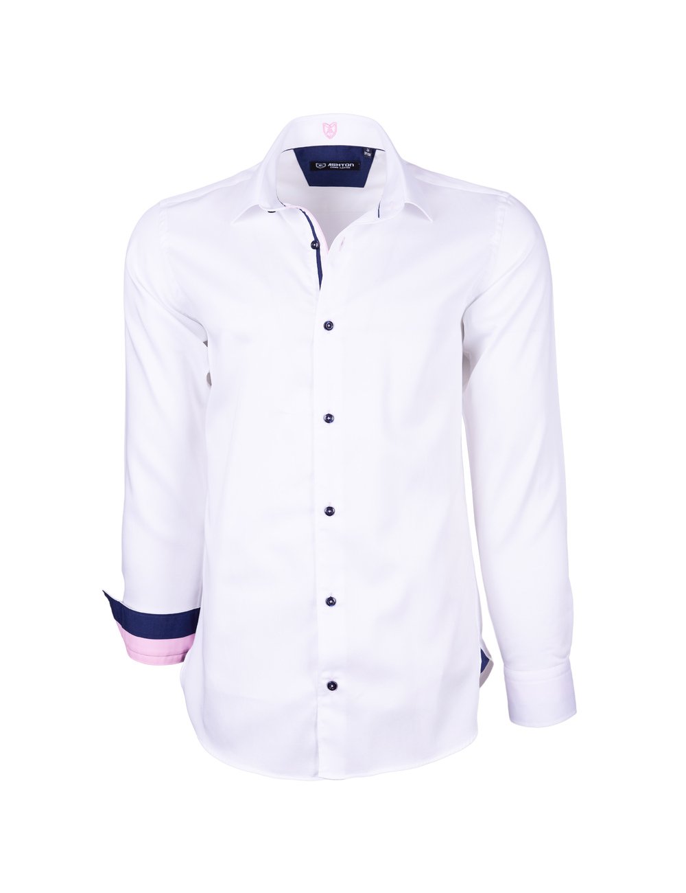 Chemise blanche à revers bleu marine et rose